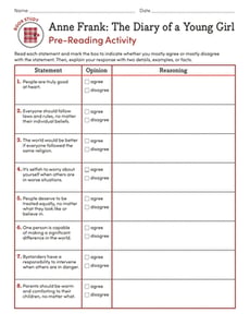 Book Study: Anne Frank: The Diary of a Young Girl: Pre-Reading Activity