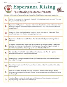 Novel Study: Esperanza Rising: Post-Reading Response Prompts