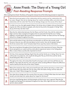 Book Study: Anne Frank: The Diary of a Young Girl: Post-Reading Response Prompts