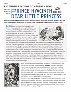Extended Reading Comprehension: Excerpt Adapted From “Prince Hyacinth and the Dear Little Princess”
