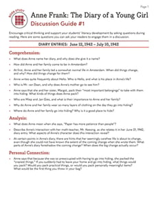 Book Study: Anne Frank: The Diary of a Young Girl: Discussion Guide #1 