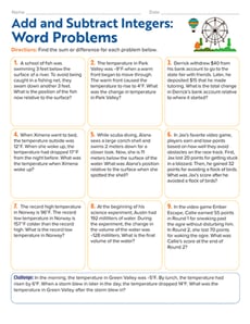 Add and Subtract Integers: Word Problems