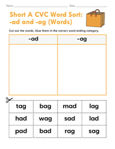 Short A CVC Word Sort: -ad and -ag (Words) 