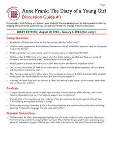 Book Study: Anne Frank: The Diary of a Young Girl: Discussion Guide #3 