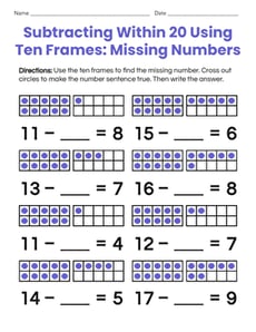 Subtracting Within 20 Using Ten Frames: Missing Numbers