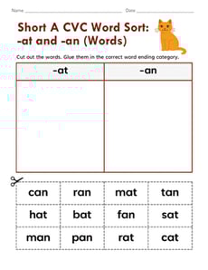 Short A CVC Word Sort: -at and -an (Words)