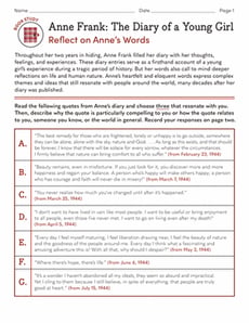 Book Study: Anne Frank: The Diary of a Young Girl: Reflect on Anne’s Words