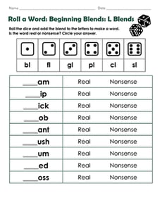 Roll a Word: Beginning Blends: L Blends