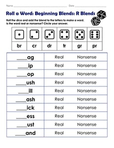 Roll a Word: Beginning Blends: R Blends