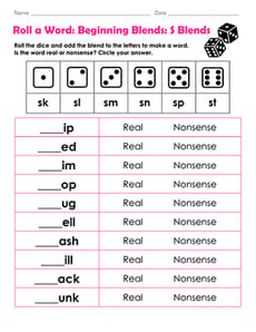 Roll a Word: Beginning Blends: S Blends