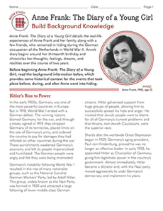 Book Study: Anne Frank: The Diary of a Young Girl: Build Background Knowledge