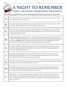 Book Study: A Night to Remember: Post-Reading Response Prompts