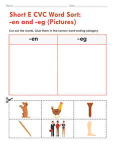 Short E CVC Word Sort: -en and -eg (Pictures)