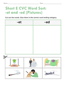 Short E CVC Word Sort: -et and -ed (Pictures)