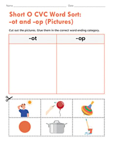 Short O CVC Word Sort: -ot and -op (Pictures)