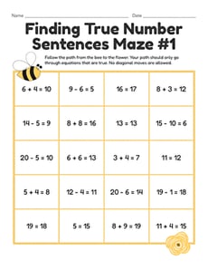 Finding True Number Sentences Maze #1