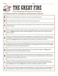 Book Study: The Great Fire: Post-Reading Response Prompts