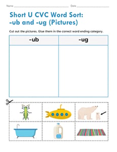 Short U CVC Word Sort: -ub and -ug (Pictures)