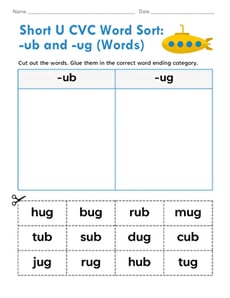 Short U CVC Word Sort: -ub and -ug (Words)