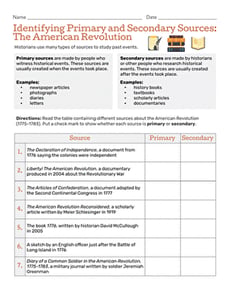 Identifying Primary and Secondary Sources: The American Revolution