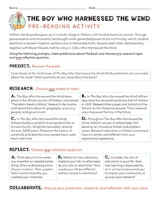 Book Study: The Boy Who Harnessed the Wind: Pre-Reading Activity