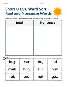 Short U CVC Word Sort: Real and Nonsense Words