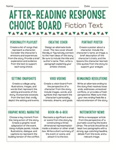 After-Reading Response Choice Board: Fiction Text