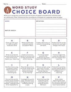 Word Study Choice Board