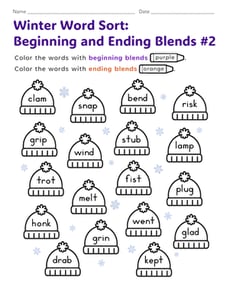 Winter Word Sort: Beginning and Ending Blends #2