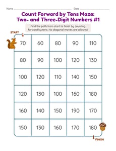 Count Forward by Tens Maze: Two- and Three-Digit Numbers #1