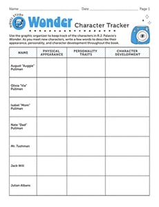 Novel Study: Wonder: Character Tracker