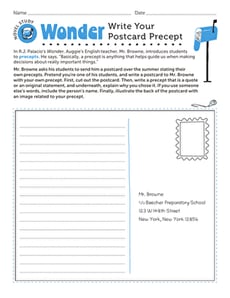 Novel Study: Wonder: Write Your Postcard Precept