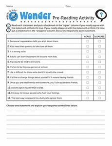 Novel Study: Wonder: Pre-Reading Activity