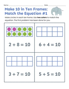 Make 10 in Ten Frames: Match the Equation #1