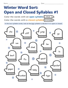 Winter Word Sort: Open and Closed Syllables #1