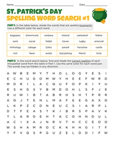 St. Patrick's Day Spelling Word Search #1