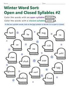 Winter Word Sort: Open and Closed Syllables #2