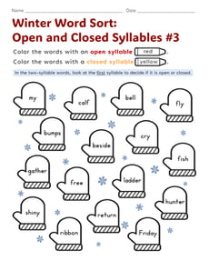 Winter Word Sort: Open and Closed Syllables #3