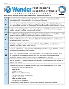 Novel Study: Wonder: Post-Reading Response Prompts