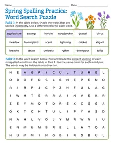 Spring Spelling Practice: Word Search Puzzle