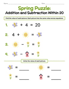 Spring Puzzle: Addition and Subtraction Within 20