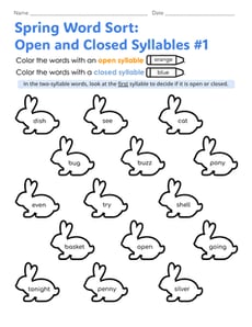 Spring Word Sort: Open and Closed Syllables #1
