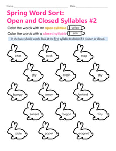 Spring Word Sort: Open and Closed Syllables #2