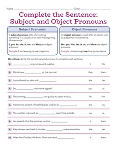 Complete the Sentence: Subject and Object Pronouns