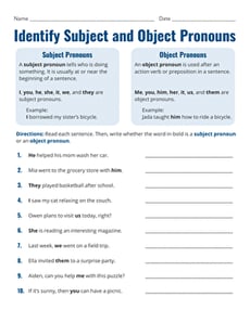 Identify Subject and Object Pronouns
