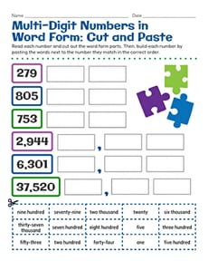 Multi-Digit Numbers in Word Form: Cut and Paste