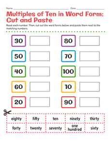 Multiples of Ten in Word Form: Cut and Paste