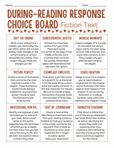 During-Reading Response Choice Board: Fiction Text