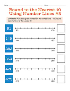 Round to the Nearest 10 Using Number Lines #3
