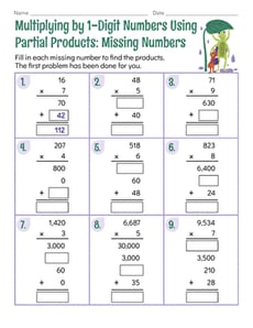 Multiplying by 1-Digit Numbers Using Partial Products: Missing Numbers